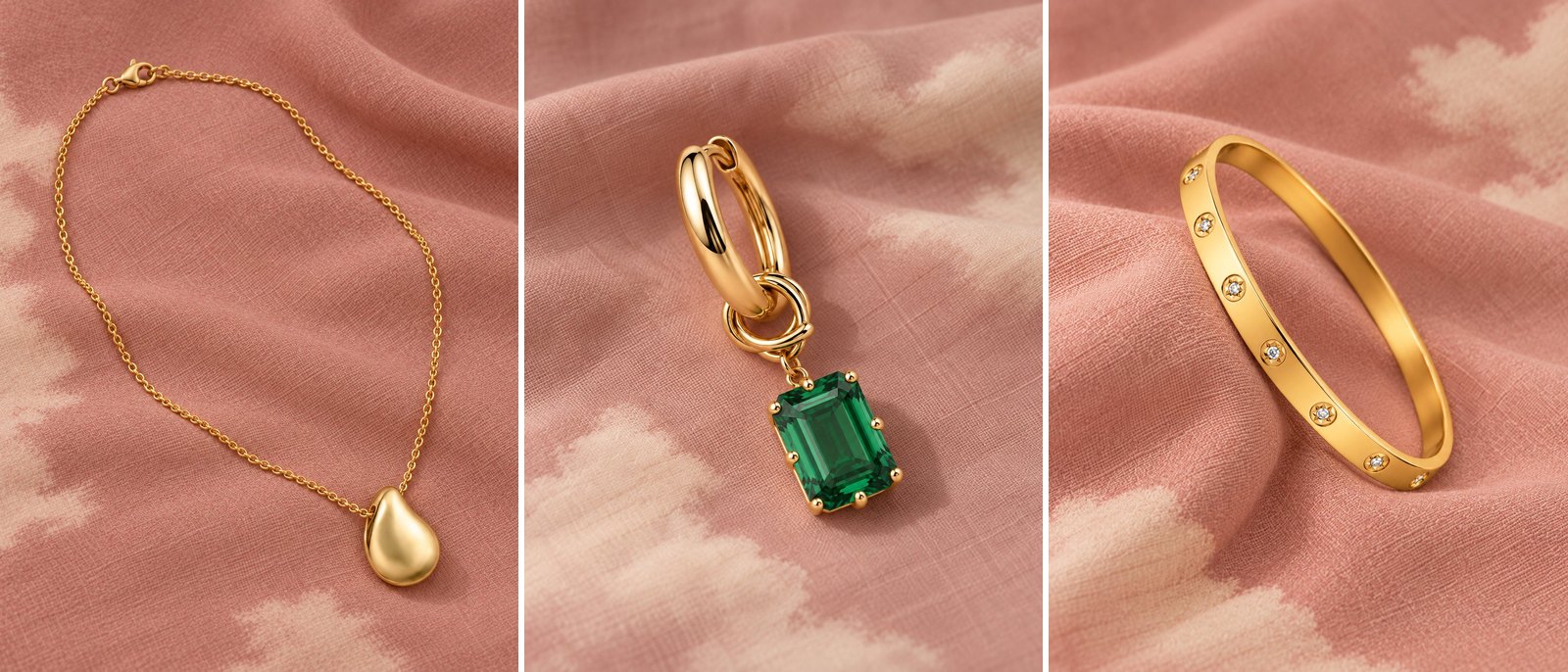 Colar gota, brinco de pedra verde e pulseira rígida sobre o mesmo tecido rosa com nuvens marfim estampadas.