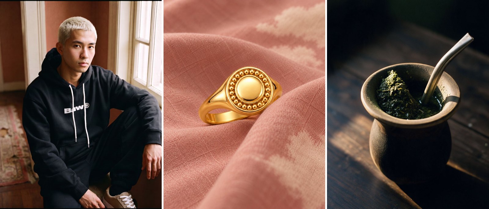 Três imagens de projetos diferentes: o modelo do Baw® sentado junto à janela, um anel dourado sobre tecido rosa e uma cuia de chimarrão sobre madeira escura.