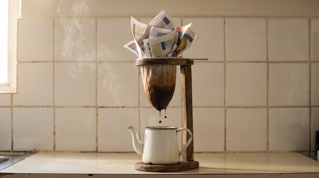 Coador de pano no suporte de madeira, cheio de papéis impressos em vez de pó de café, pingando algumas gotas num bule esmaltado.