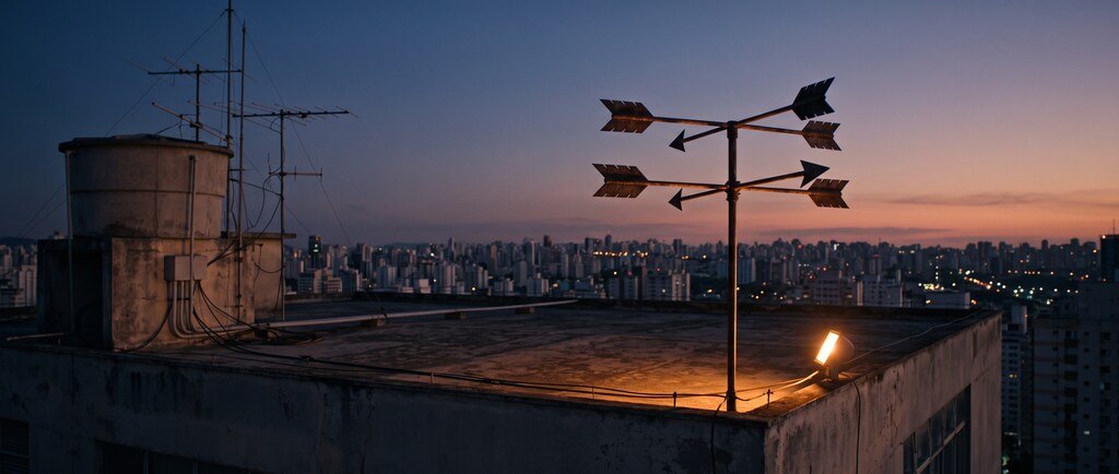 Cata-vento no telhado de um prédio de São Paulo ao entardecer, com setas apontando para todos os lados.