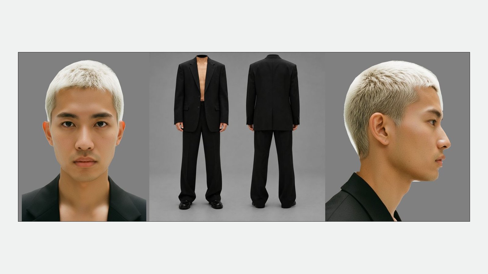 Character sheet de um modelo gerado com IA: rosto de frente, corpo de frente e de costas de terno preto, e rosto de perfil, sobre papel claro.