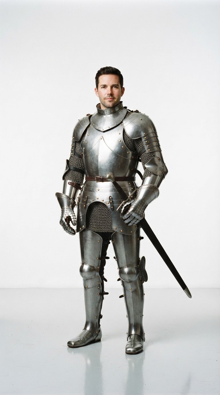 O mesmo homem de corpo inteiro e de frente, agora com armadura medieval completa e espada, sobre fundo branco