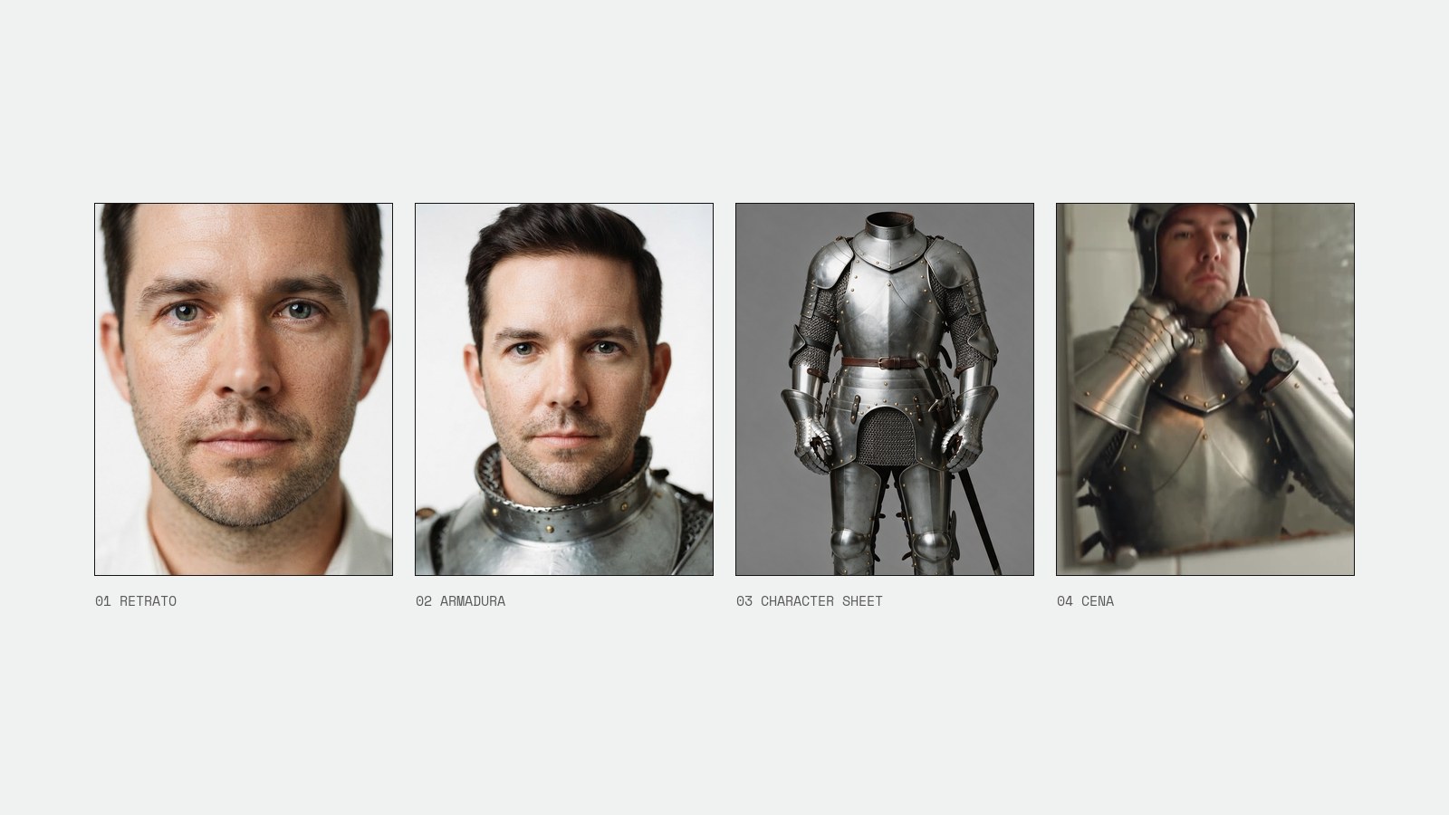 Quatro etapas de um personagem feito com IA: o retrato do rosto, o mesmo rosto com armadura, o corpo de armadura do character sheet e o cavaleiro numa cena do filme.