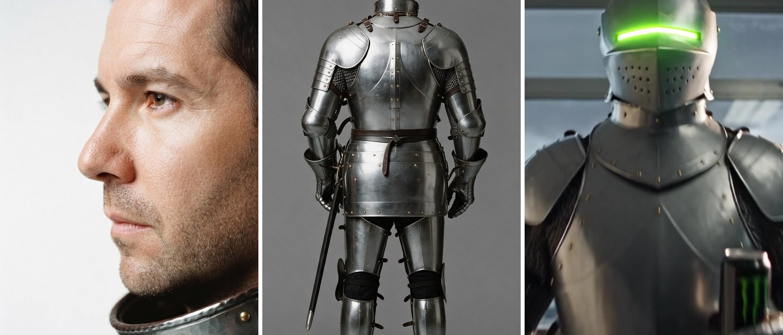 Três imagens lado a lado: o perfil do personagem com a gola da armadura, a armadura de costas com a espada e o cavaleiro de visor fechado aceso em verde.