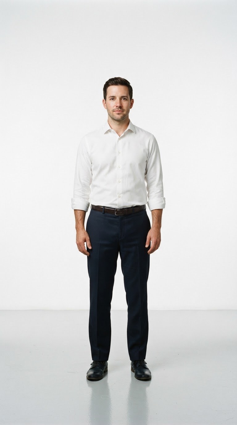 Retrato aprovado do personagem: homem de camisa branca e calça escura, de corpo inteiro e de frente, sobre fundo branco