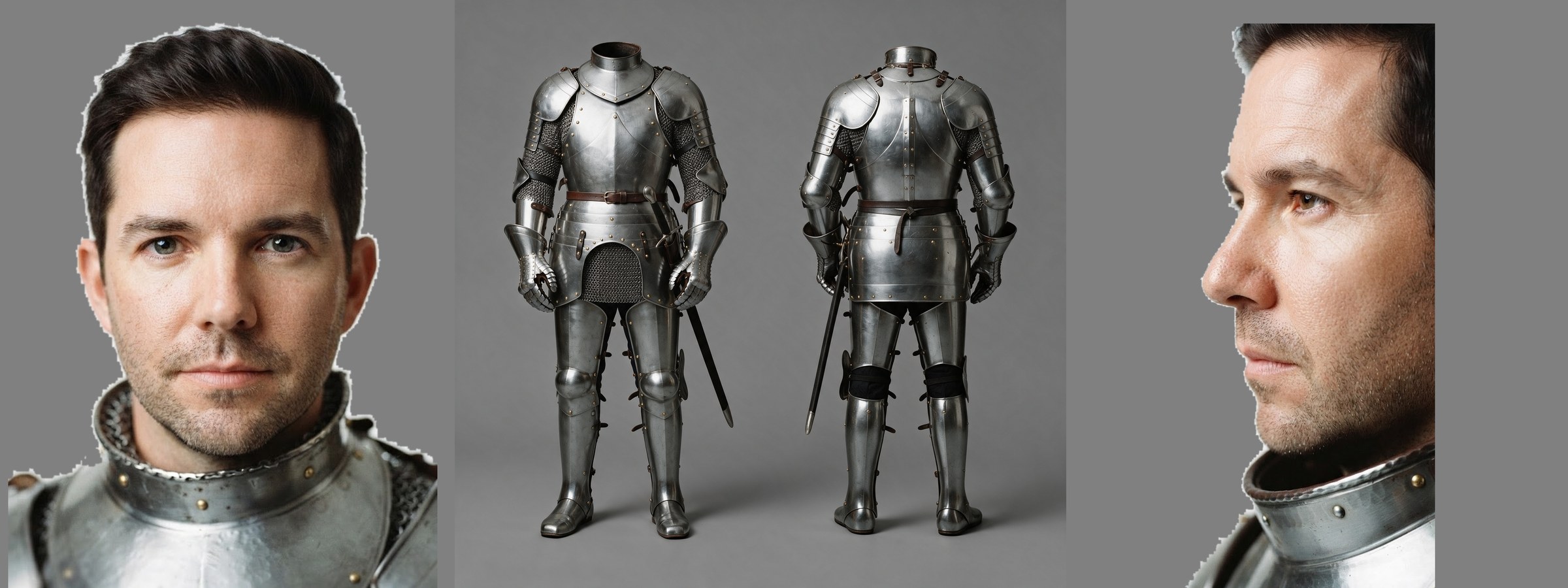 Character sheet do cavaleiro: rosto de frente com a gola da armadura, corpo de armadura de frente e de costas sem cabeça, e rosto de perfil