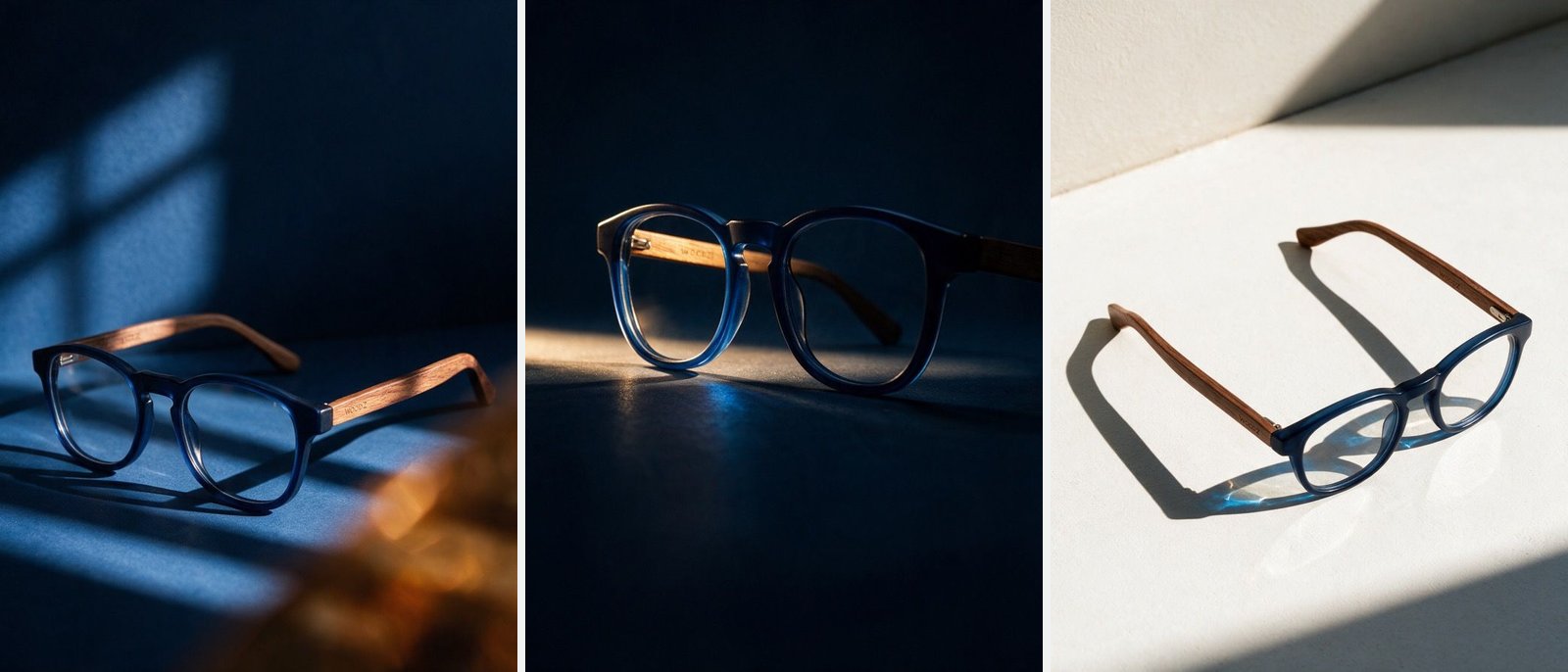 O mesmo óculos azul com hastes de madeira em três ambientações com luz dura e sombras recortadas.