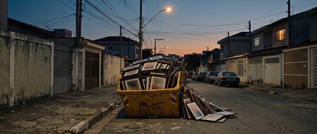 Caçamba amarela numa rua de São Paulo ao entardecer, transbordando de quadros vazios.
