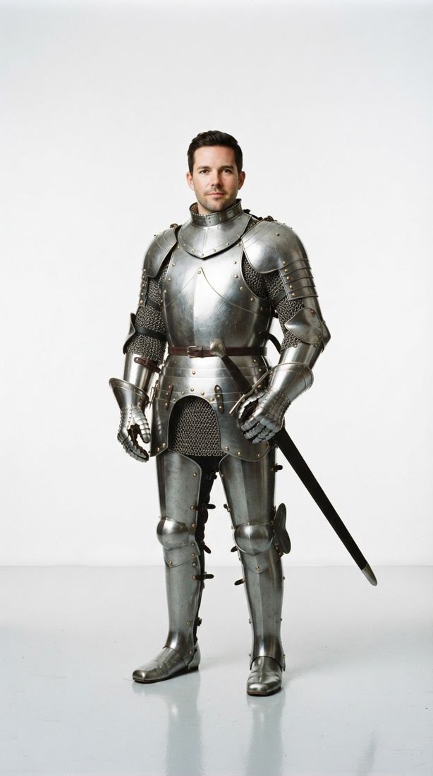 Personagem: homem em armadura medieval completa sobre fundo branco