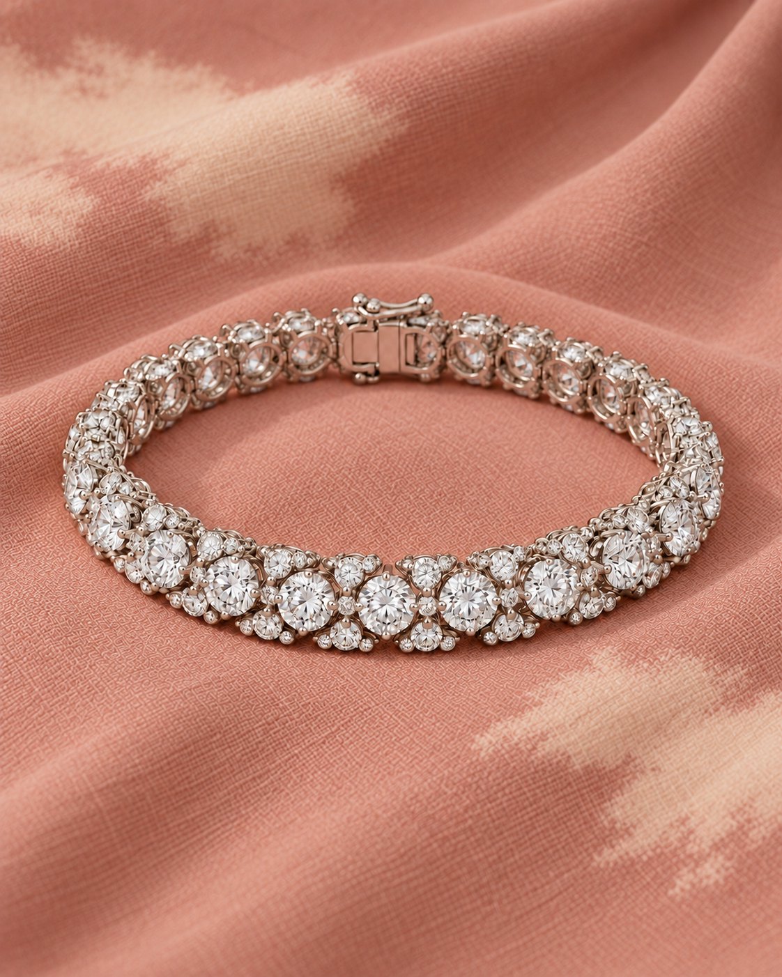 Pulseira de diamantes I sobre o tecido rosa com nuvens marfim estampadas