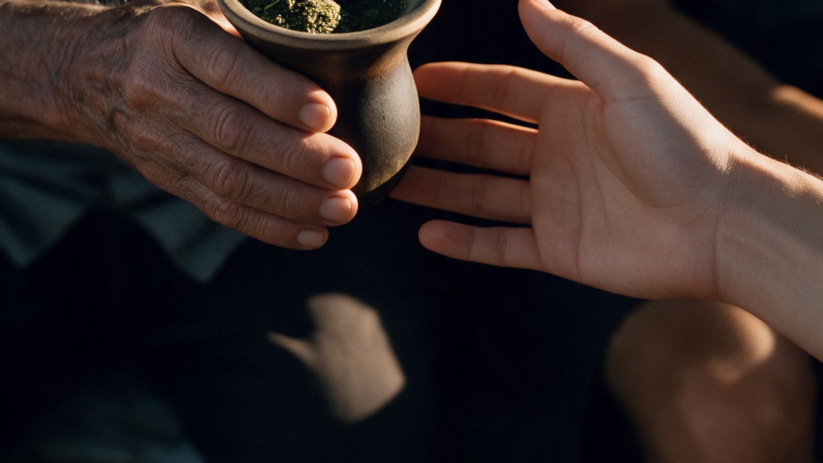 Mão idosa passando a cuia de chimarrão para uma mão jovem