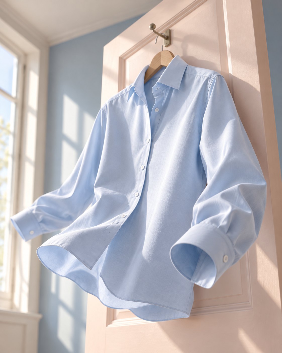 Camisa social azul-clara passada, num cabide de madeira preso no alto de uma porta rosa, com as mangas levemente movidas pela brisa de uma janela