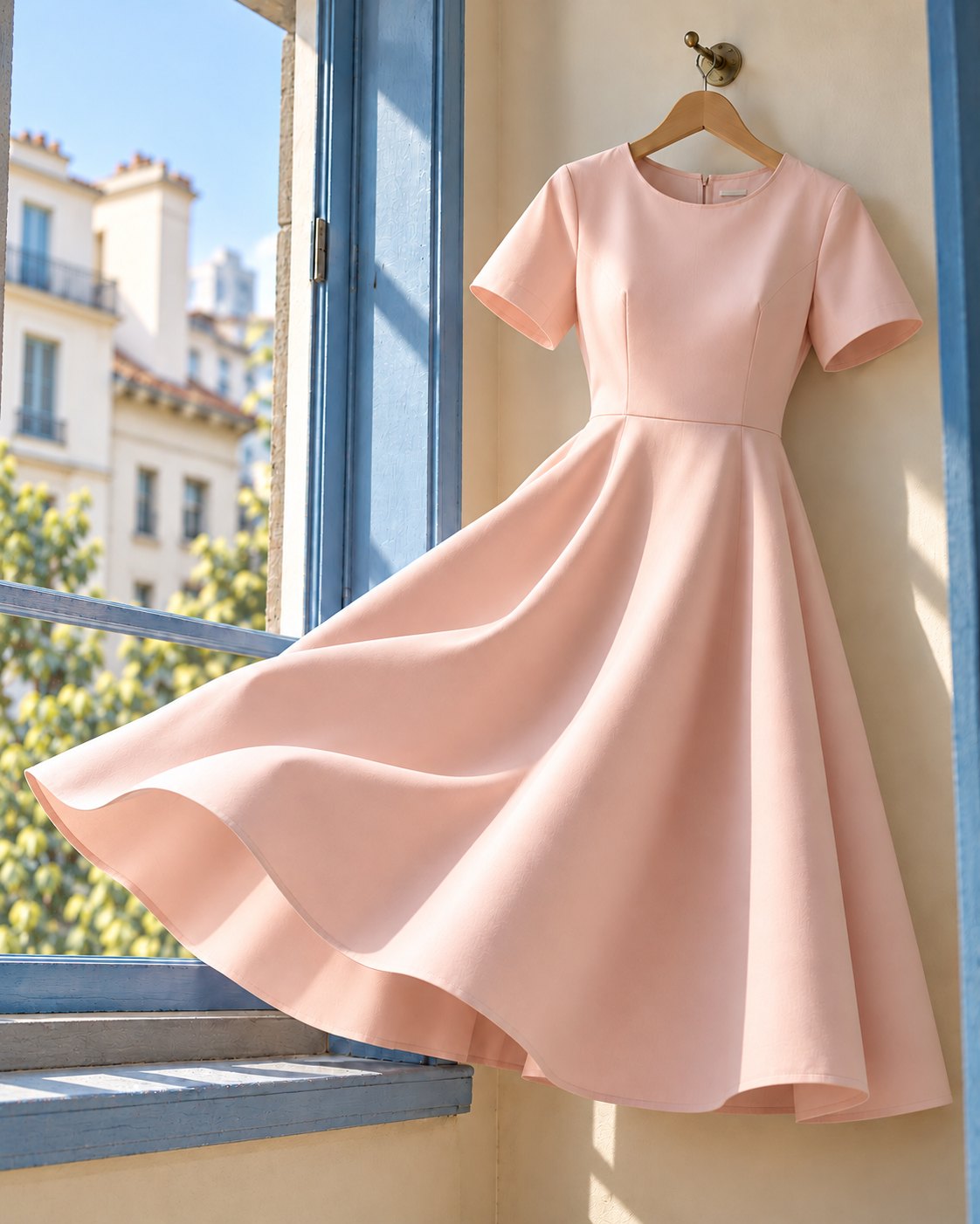 Vestido rosa claro rodado, num cabide pendurado ao lado de uma janela azul aberta para prédios, com a saia em movimento