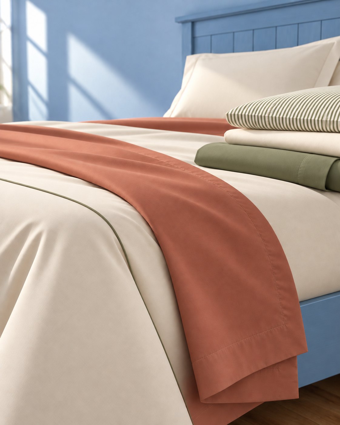 Canto de cama com cabeceira azul, edredom areia, lençol terracota dobrado na diagonal e roupa de cama sálvia e listrada dobrada sobre a cama