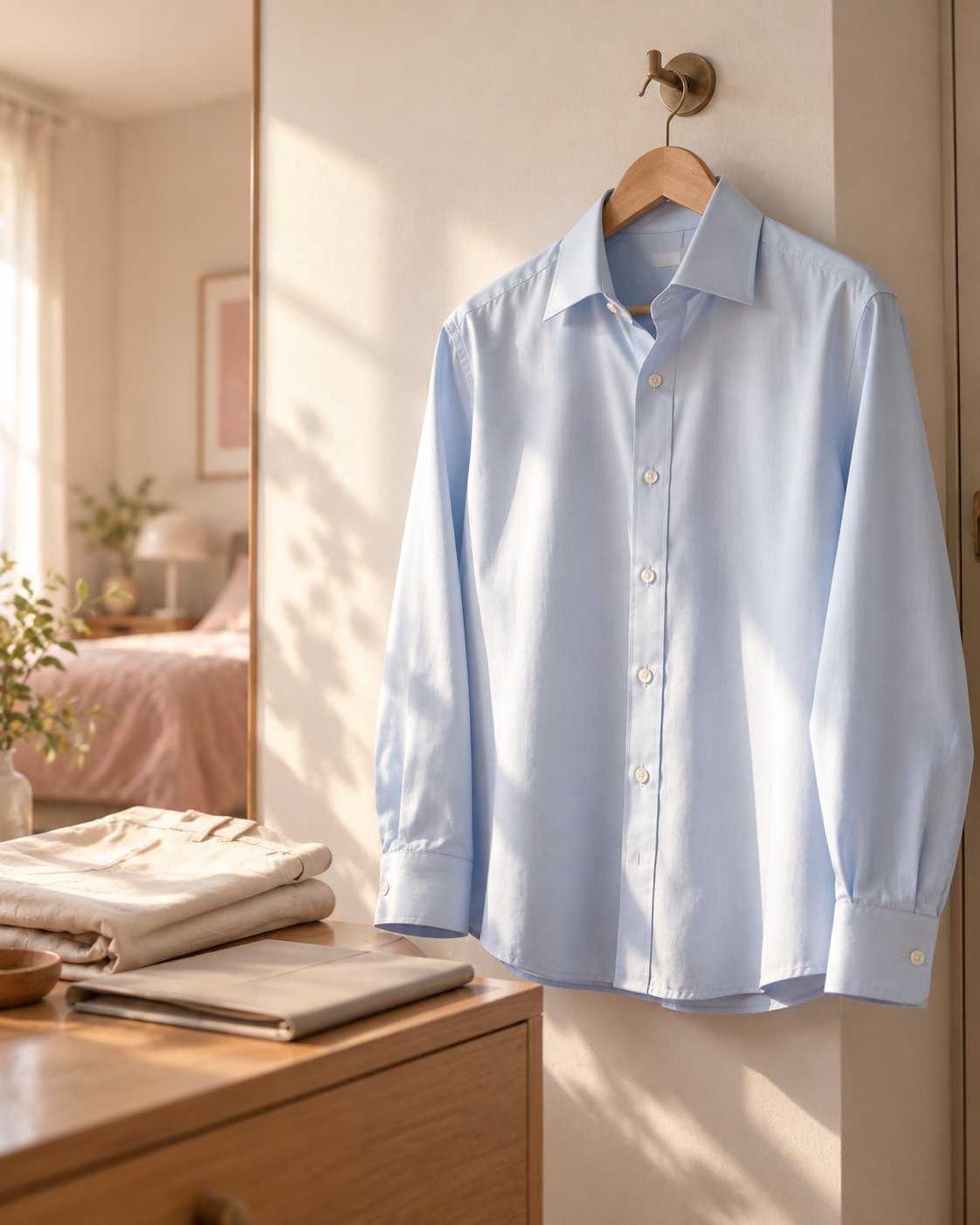 Primeira versão da camisa, pendurada num quarto com cômoda e plantas