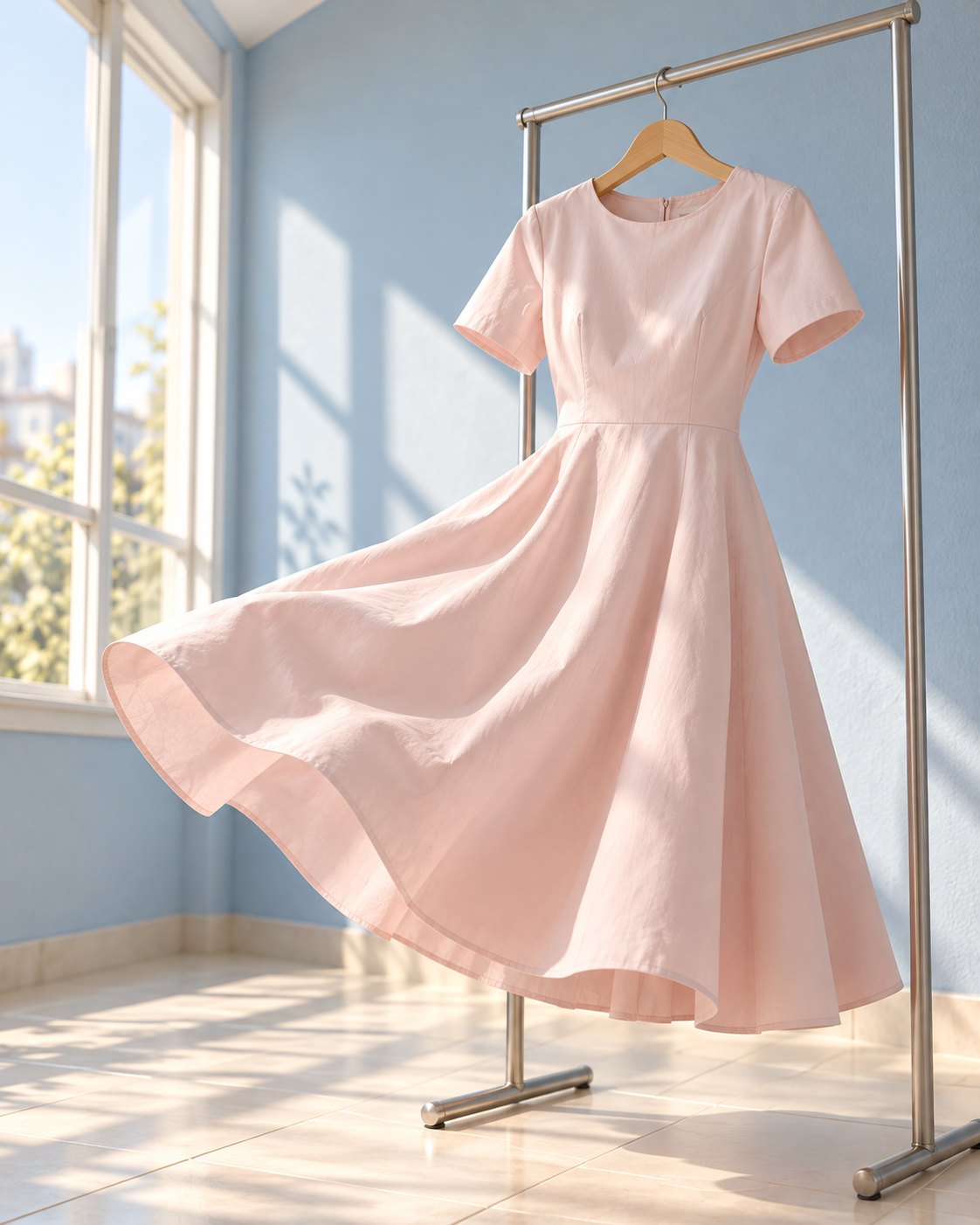 Primeira versão do vestido, num cabideiro de metal numa varanda clara