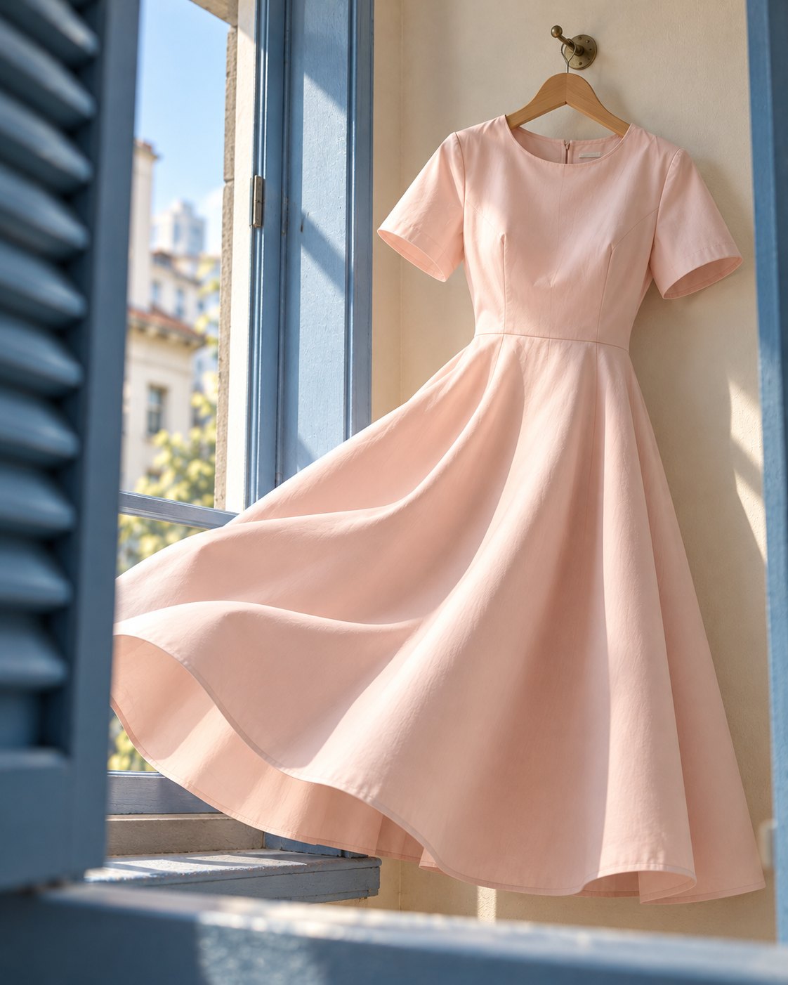 Segunda versão do vestido, na janela, ainda com vincos