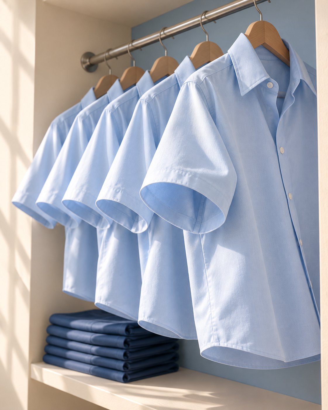 Primeira versão da semana, com cinco camisas azuis idênticas