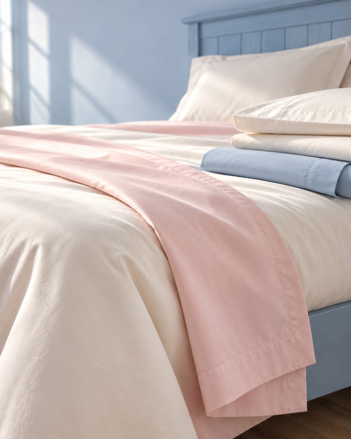 Primeira versão da roupa de cama em rosa, creme e azul