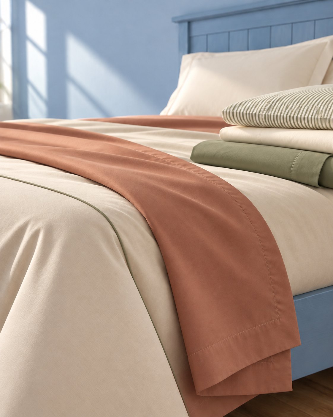 Versão intermediária da roupa de cama em terracota, sálvia e listras
