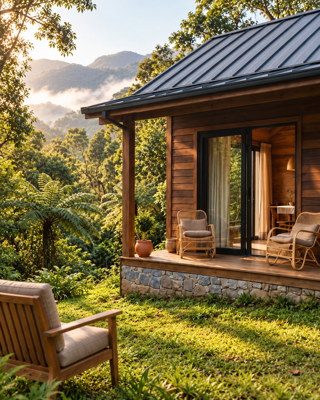 A cabana vista do gramado, de perto: varanda de madeira com duas poltronas de trama natural, porta de vidro de correr com caixilho escuro, vaso de terracota e base de pedra, com a mata atlântica à esquerda