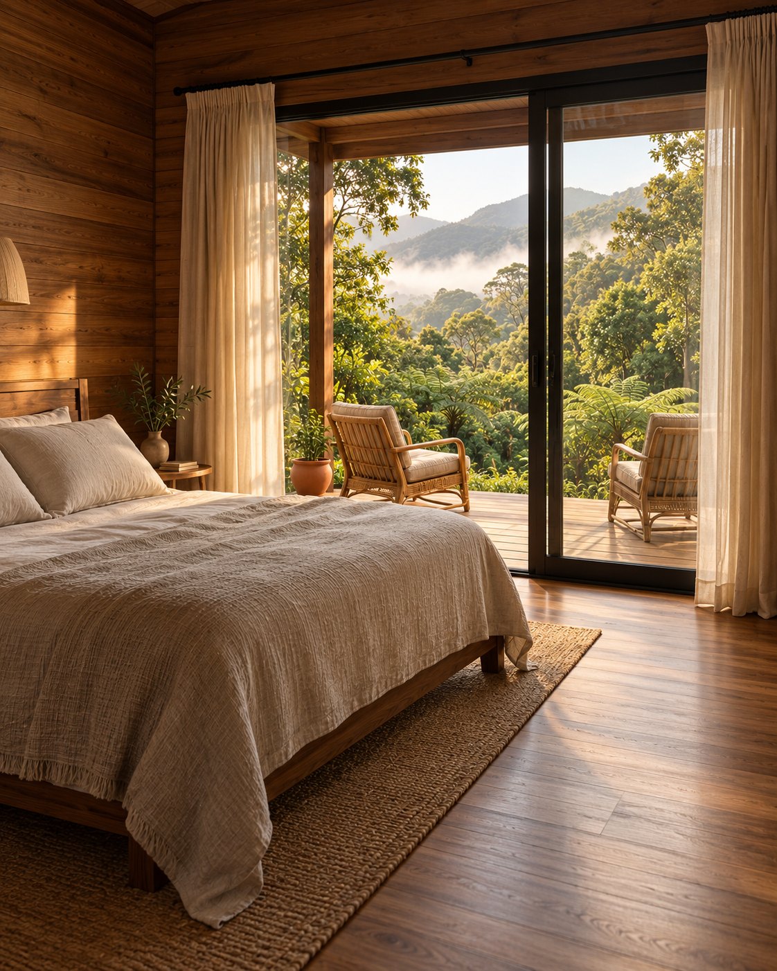 Quarto de paredes de tábuas de madeira com cama queen de linho cru à esquerda, tapete de juta e a porta de vidro aberta para a varanda, com as poltronas e o vale ao fundo