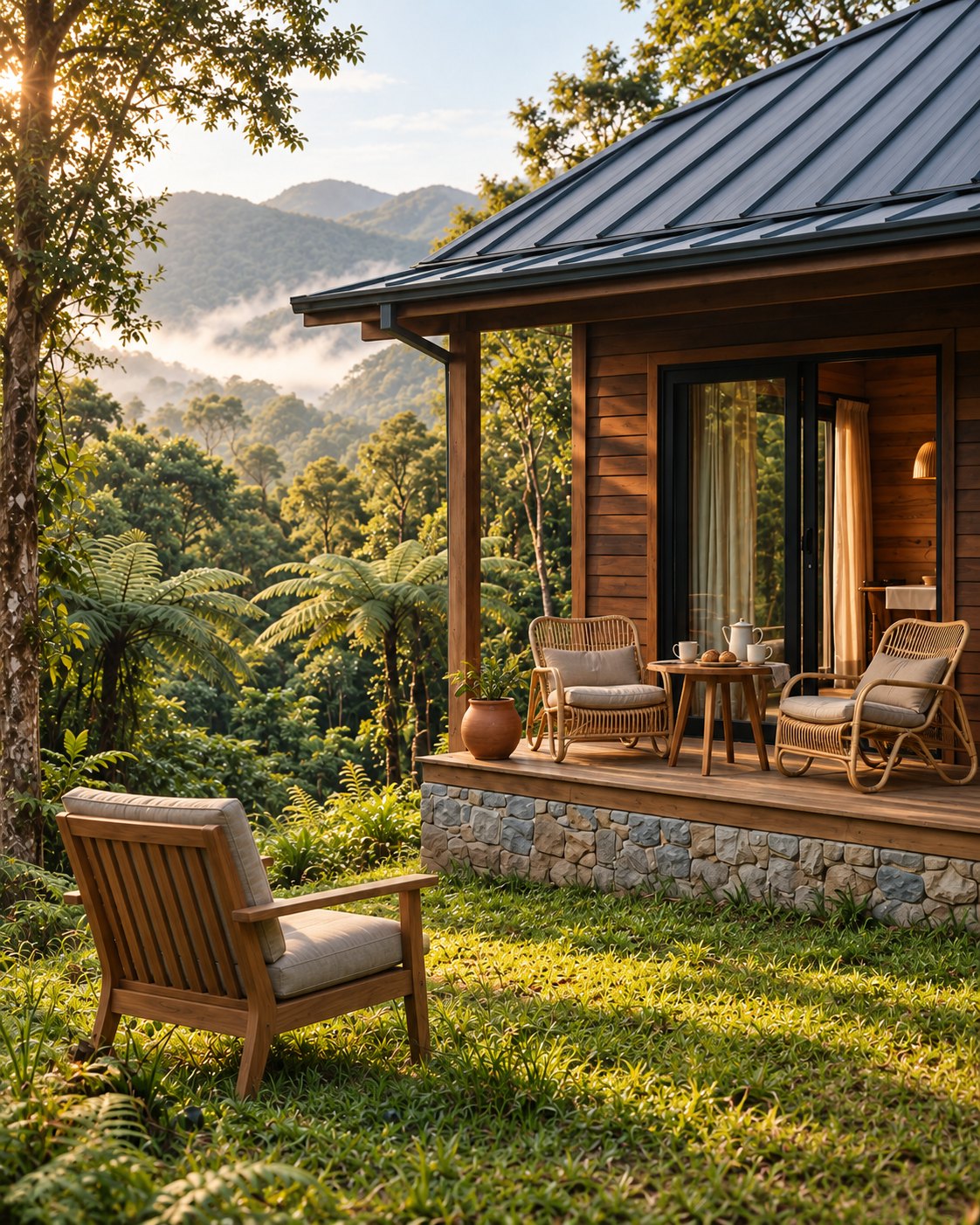 A cabana vista de lado, com a mesa de café e as duas poltronas de trama na varanda, a poltrona de madeira no gramado e a serra ao fundo