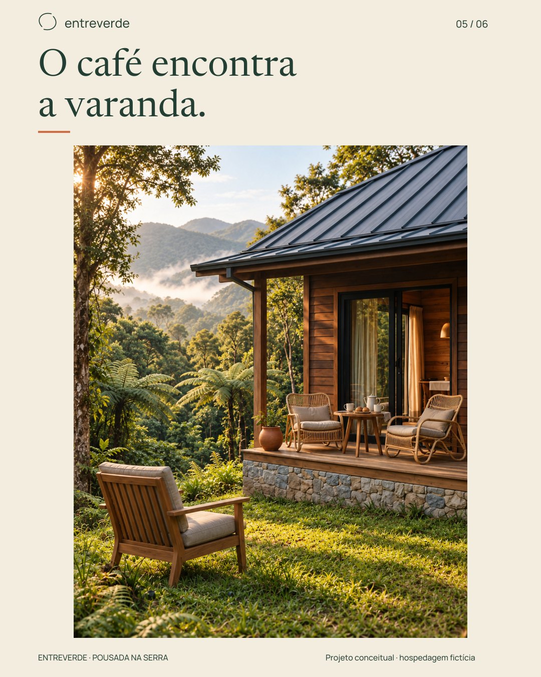 Tela 5 do carrossel, O café encontra a varanda, com a cabana e a mesa de café na varanda