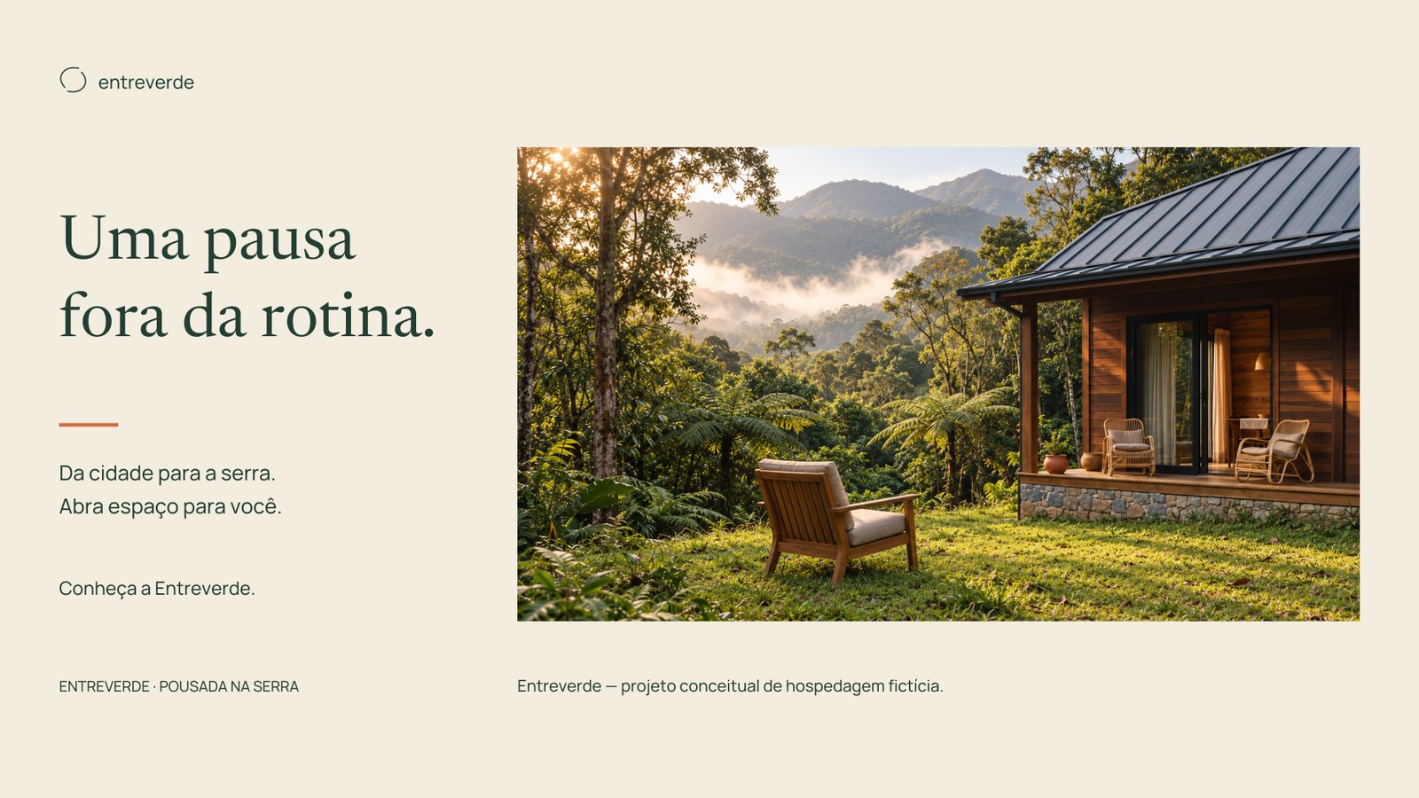 Peça horizontal de LinkedIn em fundo linho com a marca, o título Uma pausa fora da rotina e a foto da cabana com a poltrona no gramado