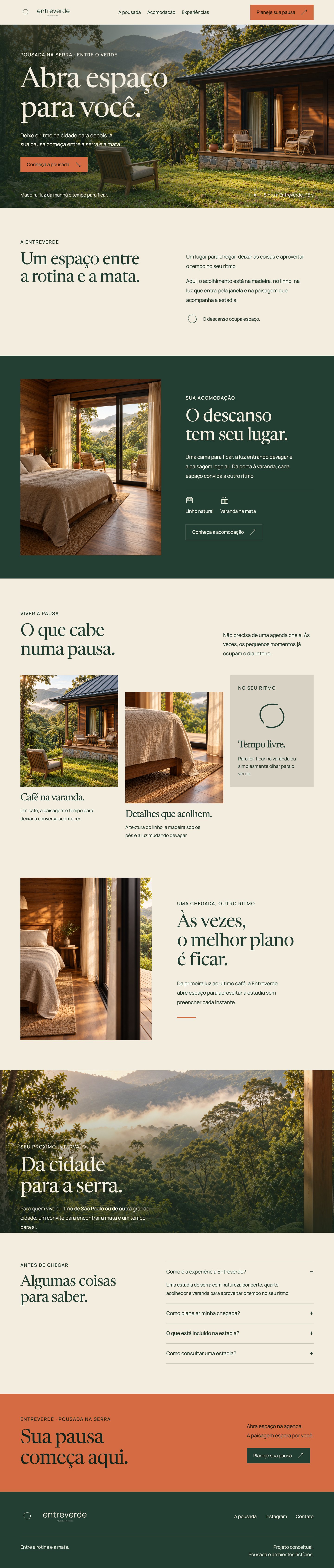 Landing page da Entreverde no desktop, inteira: abertura com a cabana, apresentação, acomodação, experiências, chegada, paisagem, dúvidas e fechamento