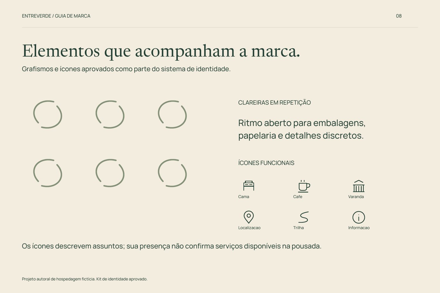 Padrão de clareiras em repetição e seis ícones funcionais de cama, café, varanda, localização, trilha e informação