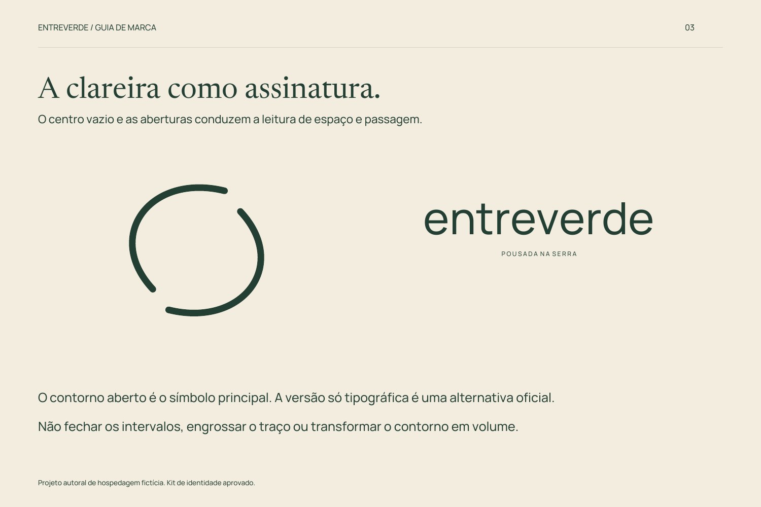 Página do guia com o símbolo de clareira ampliado ao lado da versão tipográfica da marca