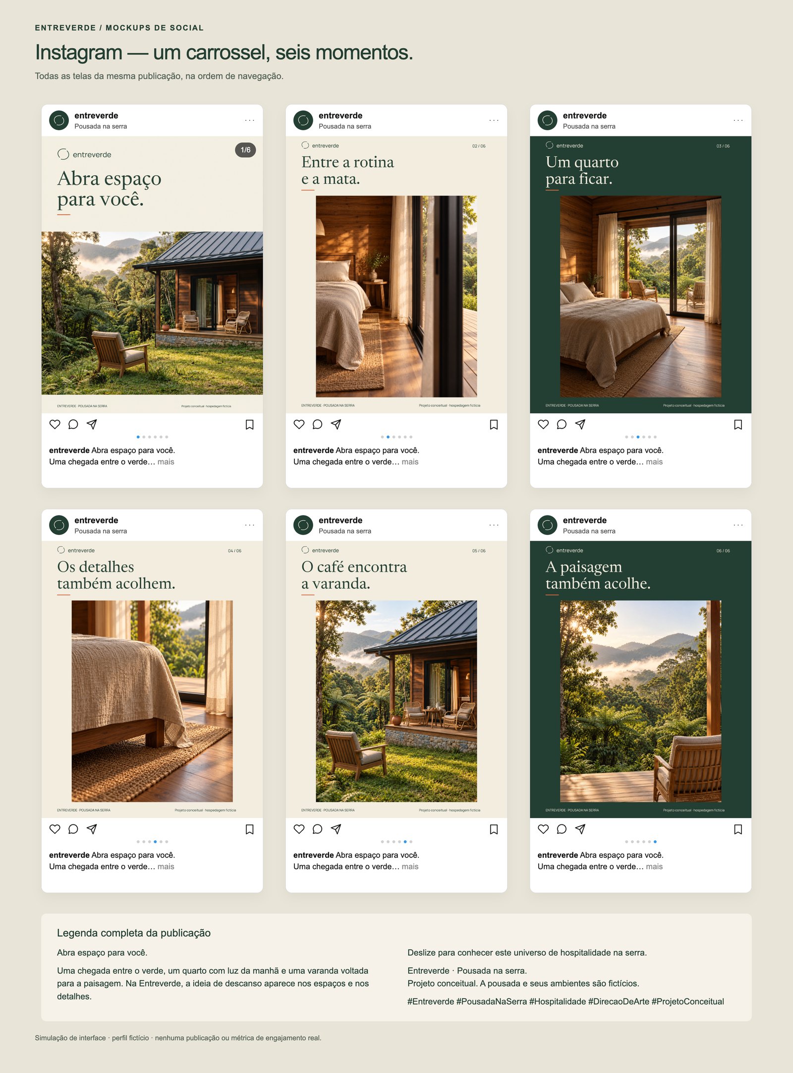 Mockup do carrossel do Instagram da Entreverde com as seis telas da mesma publicação, de Abra espaço para você a A paisagem também acolhe, e a legenda completa