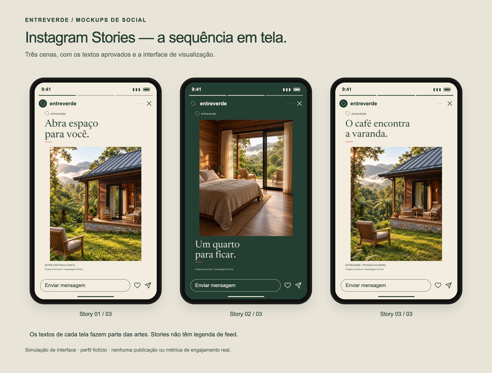 Mockup de três celulares com os Stories da Entreverde na interface do Instagram: Abra espaço para você, Um quarto para ficar e O café encontra a varanda
