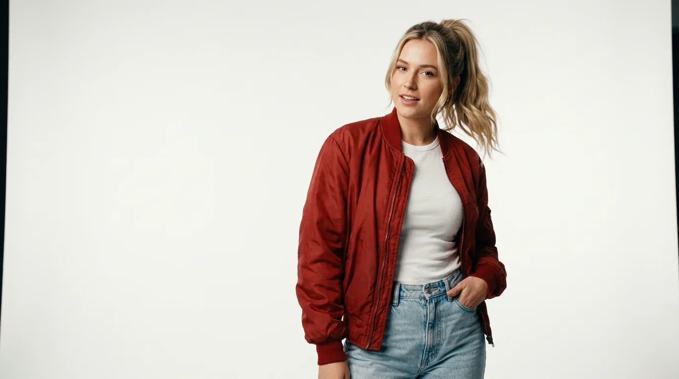 Primeira versão da personagem, de jaqueta vermelha e jeans em fundo branco