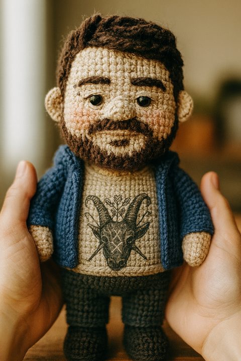 Boneco de crochê de João Felipe, de barba e óculos com camiseta estampada, segurado por duas mãos