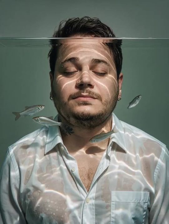 João Felipe de camisa branca submerso até a testa num aquário, de olhos fechados, com peixes prateados em volta do rosto
