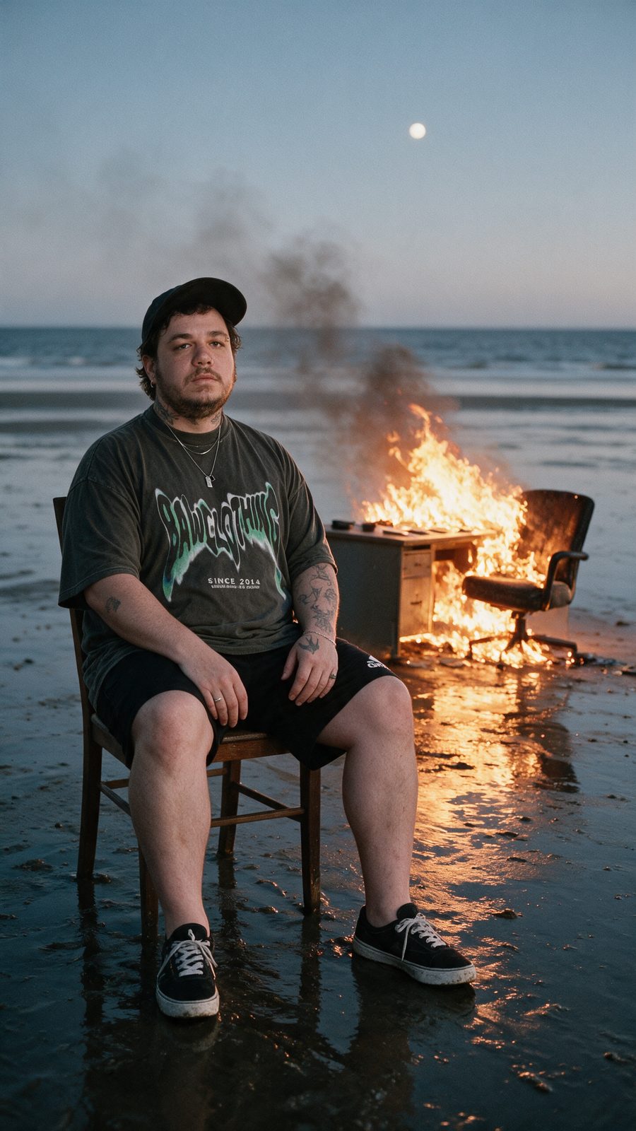 João Felipe sentado numa cadeira sobre a areia molhada da praia ao entardecer, ao lado de uma mesa de escritório e uma poltrona pegando fogo