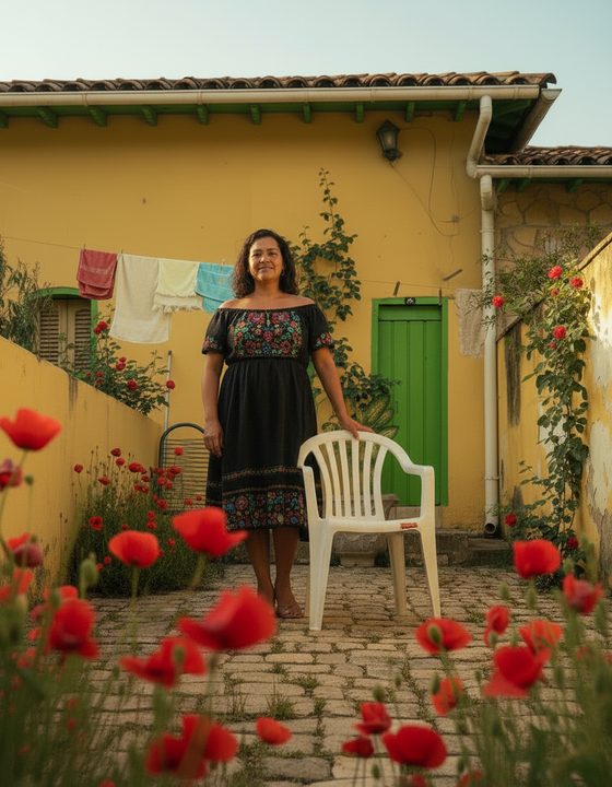 Cadeira de plástico branca num quintal com flores vermelhas e bandeirinhas, com uma mulher na porta da casa ao fundo, em luz de fim de tarde