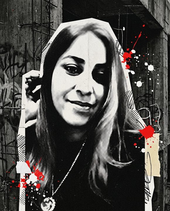 Retrato de mulher em colagem de papel recortado preto e branco, com rabiscos, sobre fundo escuro