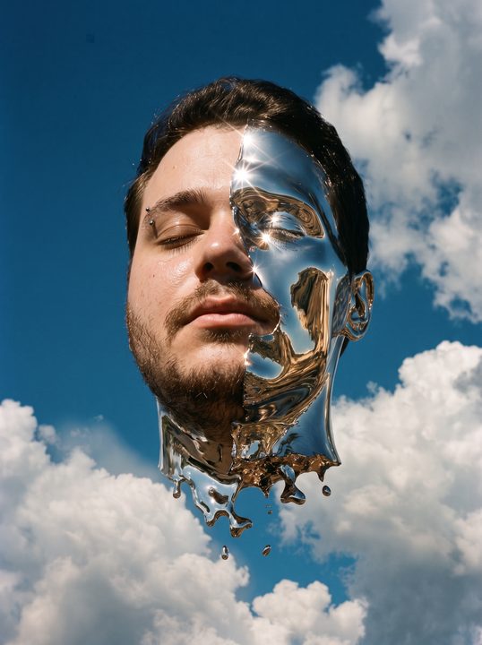Rosto de João Felipe com metade virando metal líquido que reflete o céu e se desfaz em gotas, contra nuvens