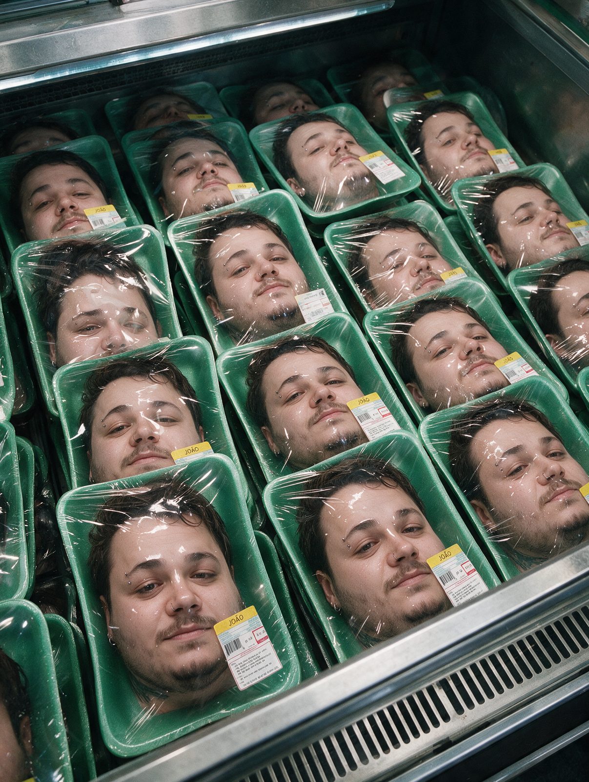 Balcão refrigerado de açougue visto de cima, com bandejas verdes onde cada pacote guarda a cabeça de João Felipe embalada em filme plástico