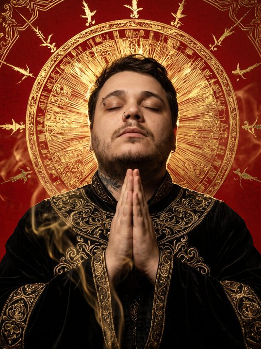 Retrato devocional de João Felipe de mãos juntas, com halo dourado e roupa de veludo bordado, em estilo barroco