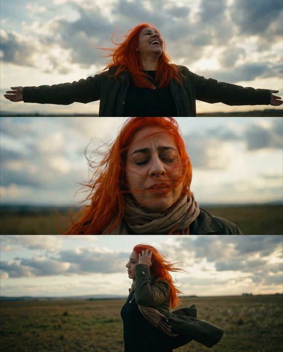 Três quadros empilhados da mesma mulher ruiva de braços abertos ao vento, sob céu dramático