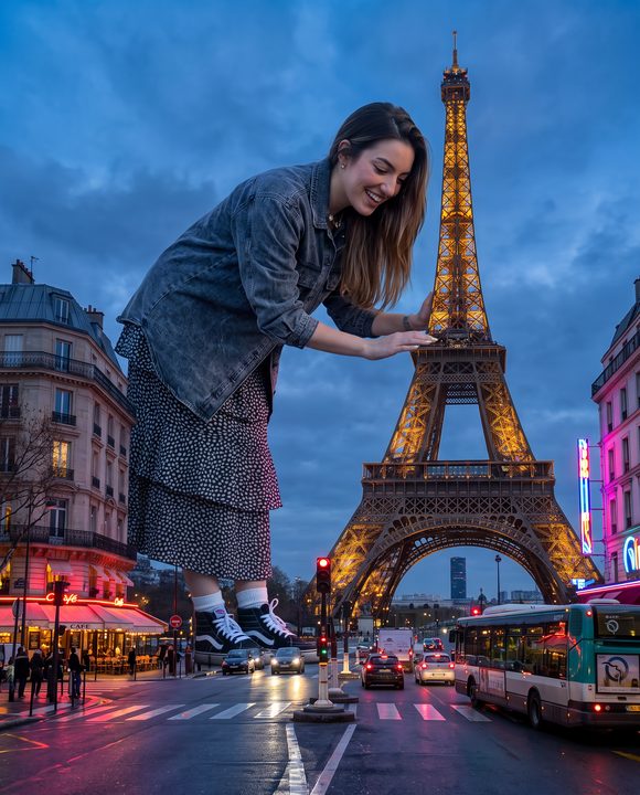 Mulher gigante debruçada sobre a Torre Eiffel à noite, olhando o trânsito de Paris lá embaixo