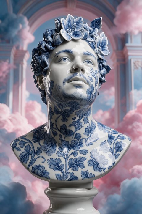 Busto de porcelana branca com flores azul-cobalto pintadas no rosto e no cabelo, sobre fundo rosado
