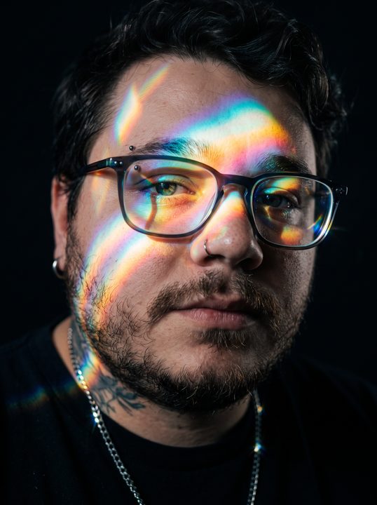 João Felipe de óculos com faixas de arco-íris de um prisma cortando o rosto e as lentes, em fundo escuro