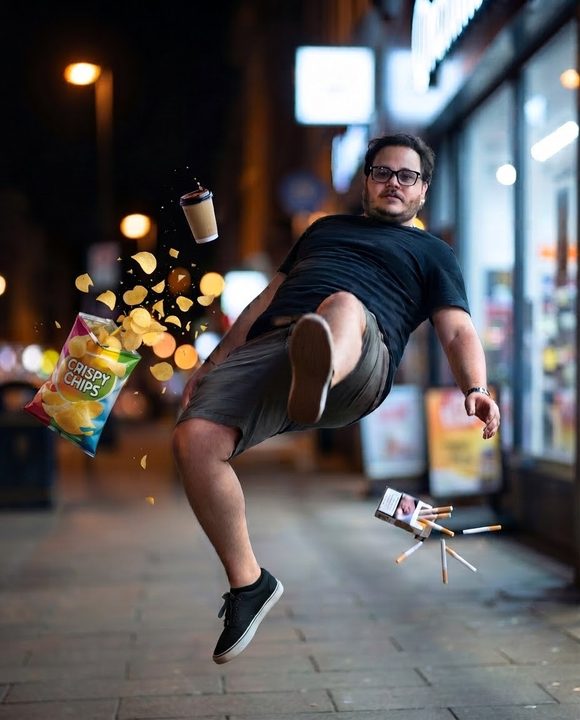 João Felipe congelado no meio de um tombo numa rua à noite, com objetos voando em volta