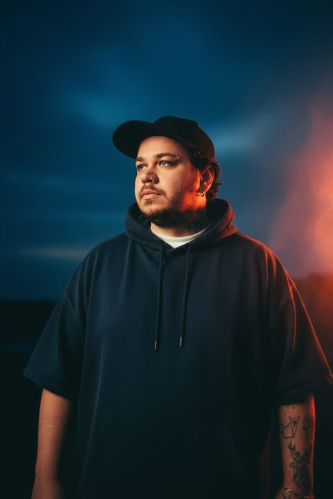 Retrato de João Felipe de boné e moletom preto contra um céu azul de fim de tarde