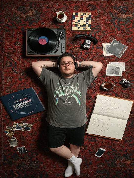 João Felipe deitado num tapete vermelho, visto de cima, cercado de discos, toca-discos, livros e objetos espalhados